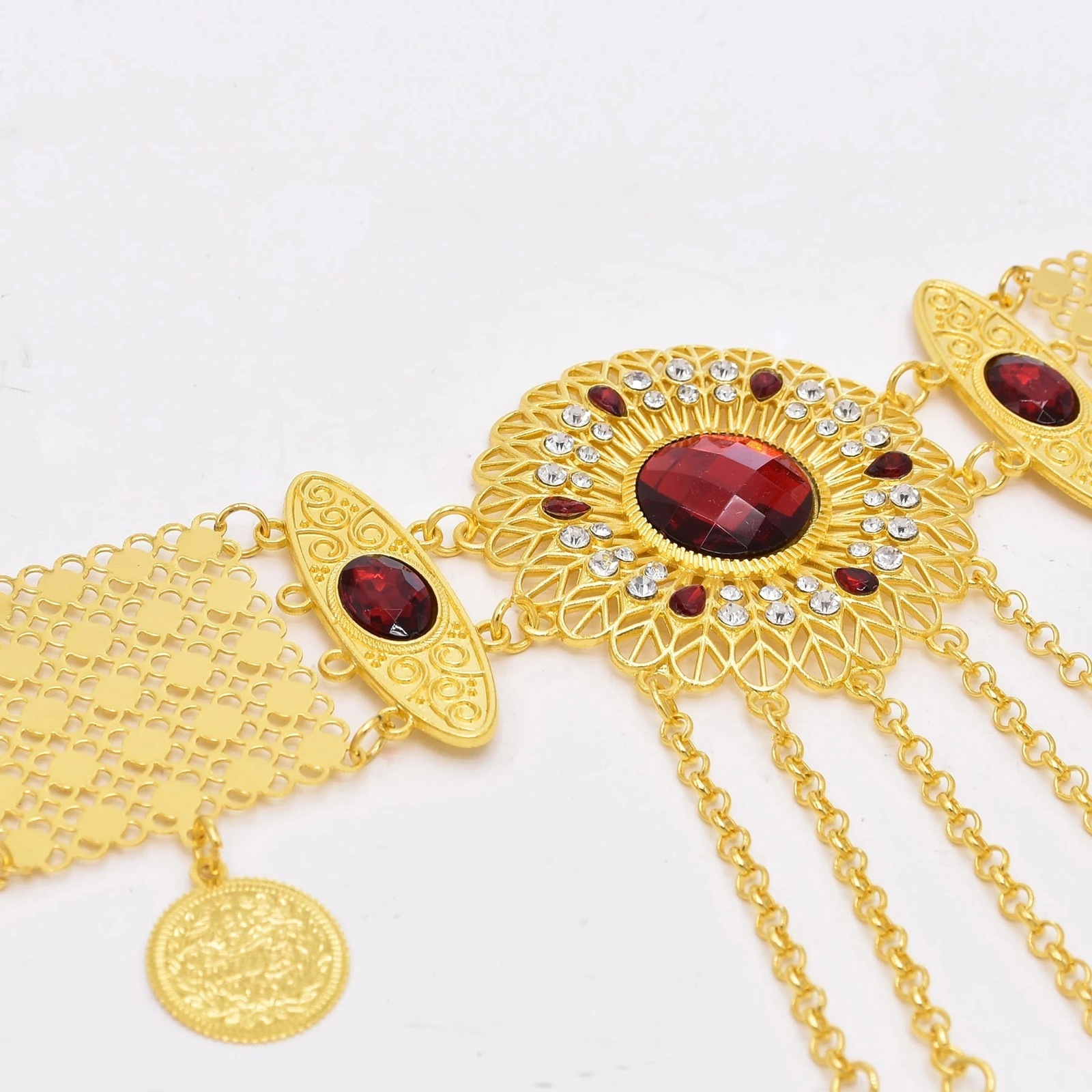Bohemian Golden Metal Red Crystal Flower Waist Belly Chain For Women Dance Belt Hollow Coins Pendant Body Jewelry Accessory 241225