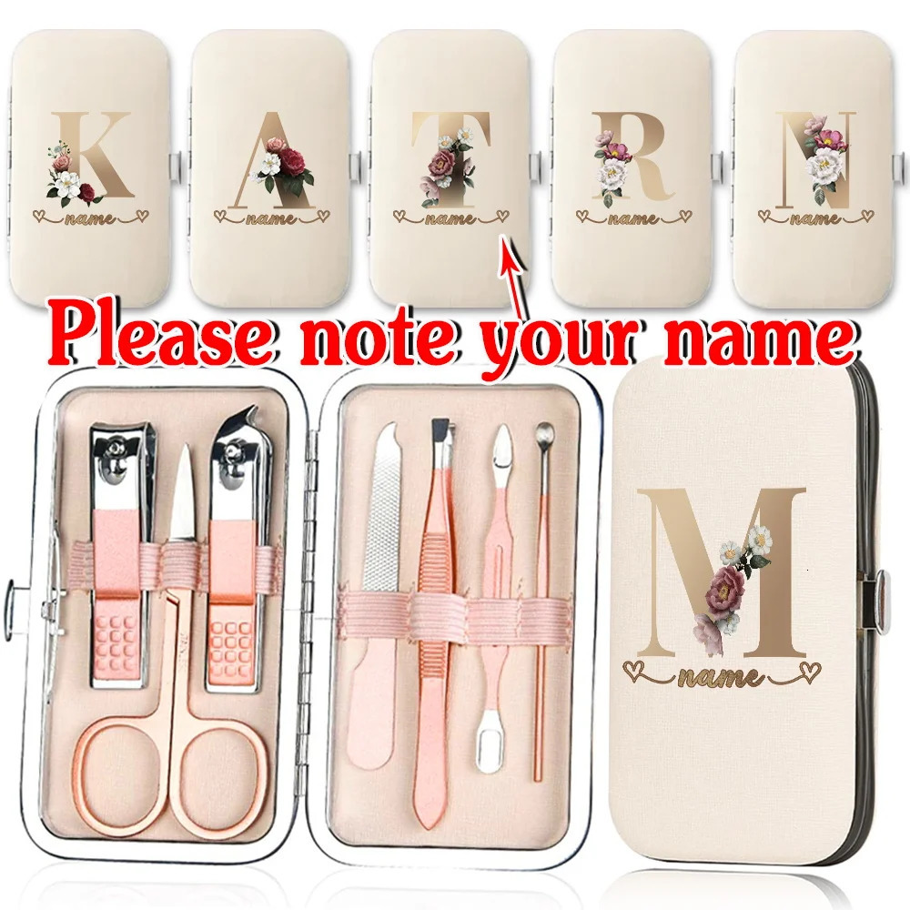 Customized Name 7Pcs Portable Manicure Set Pedicure Kit Organizer Stainless Steel Nail Clippers Case Care Tools Grooming Suit 241225