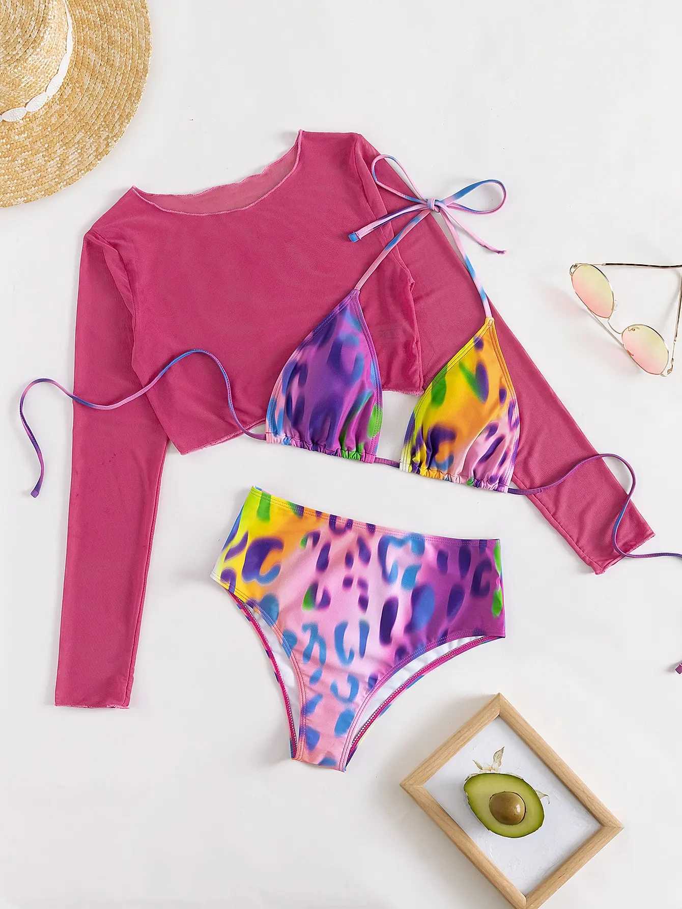 3-piece Leopard High Waist bikini triangle swimsuit top camisole swimsuit womens 2024 swimsuit womens beachwearW241225