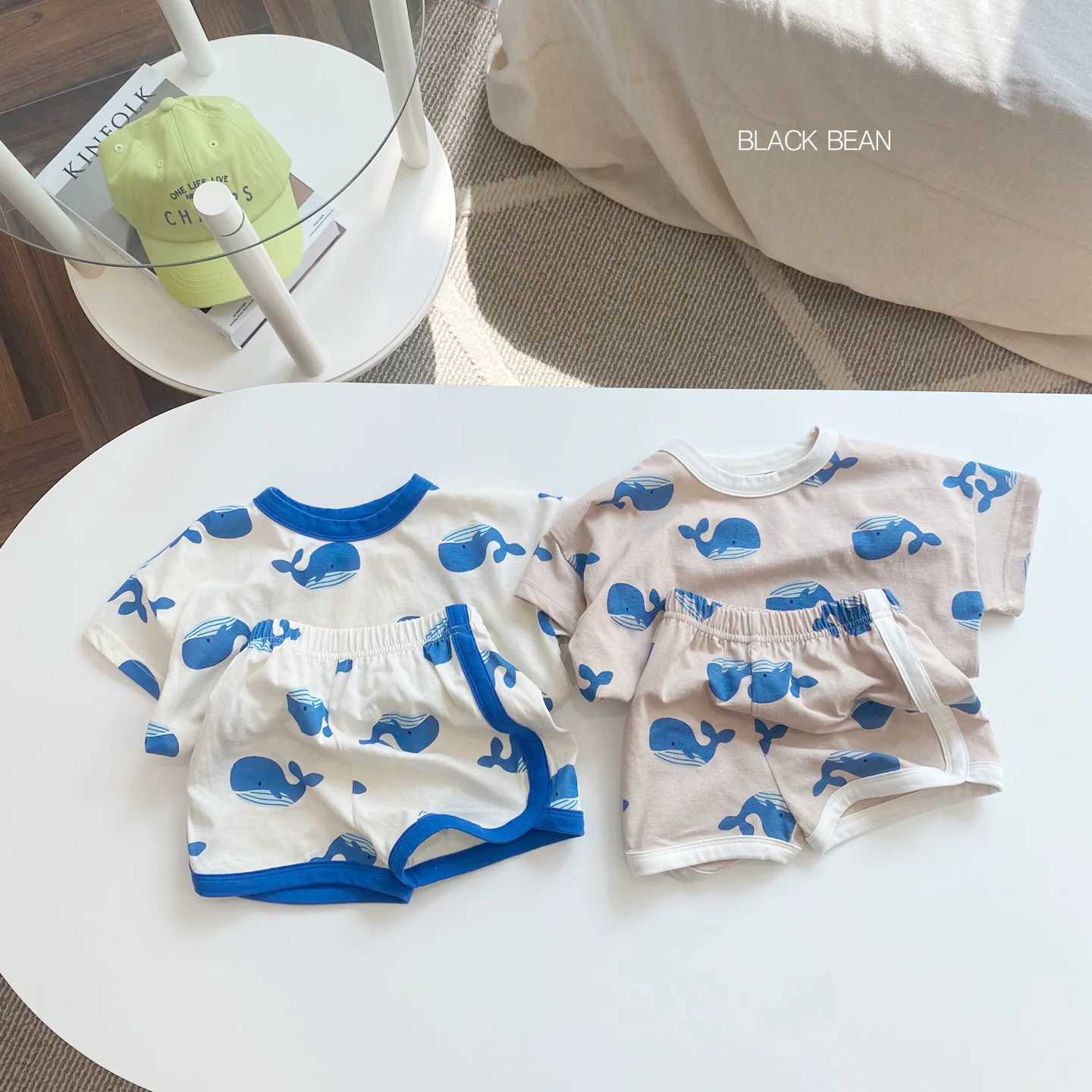Clothing Sets Summer New Korean Version of the Childrens Dolphin Printing Short-Sleeved Shorts Suit Baby Cute Cartoon Home Wear Leisure SuitY241225XI0