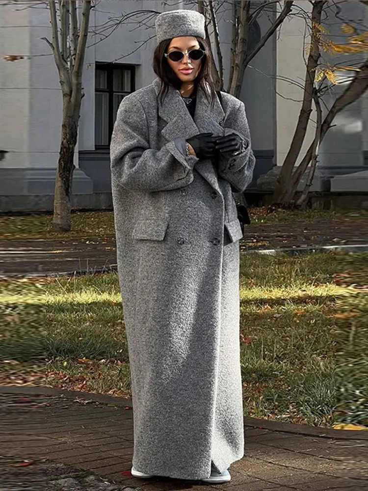 Gray Loose Woolen Blends Long Coat Warm Causal Pockets Overcoat Winter Double Breasted Elegant Outwear Lady Thickening Jacket 241225