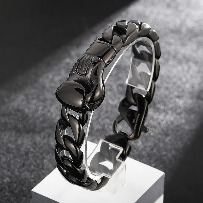 Fongten Boxing Gloves Bracelets For Men Black Silver Color Stainless Steel Cuban Link Chain Men Bangle Hip Hop Curb Jewelry 241225