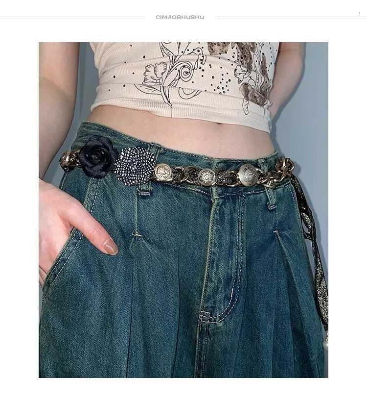 Niche fashion metal retro belt for womens y2k Chinese style flower high-end accessory waist chain 241225