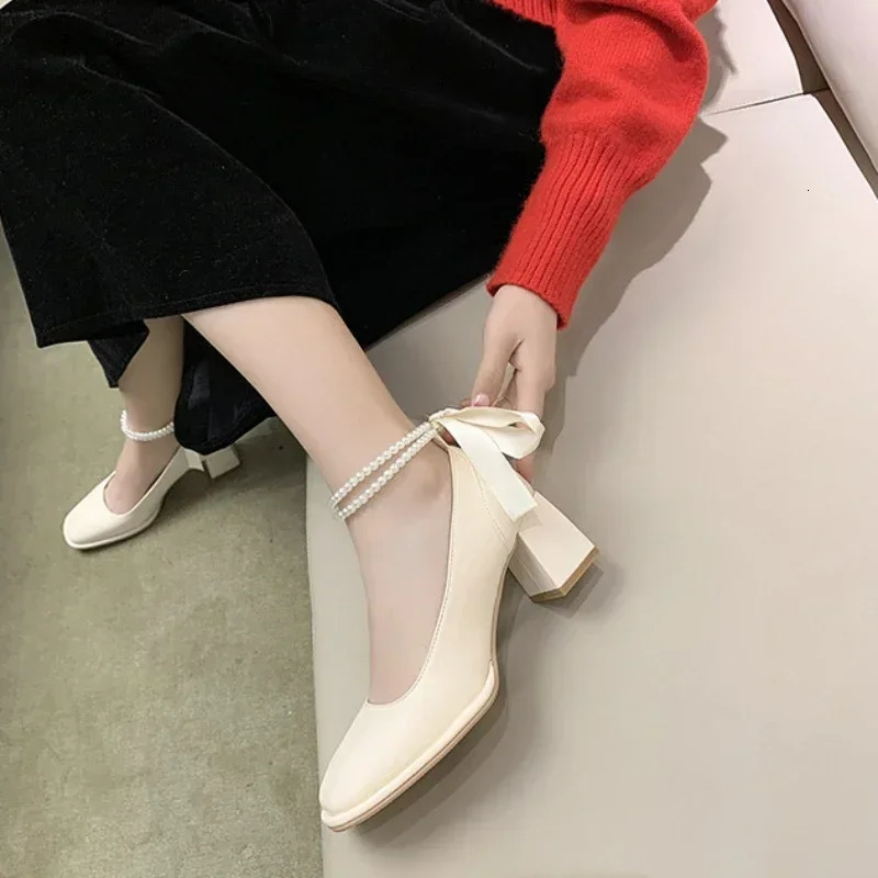Womens High Heels Bow Tie Thick Heel Square Toe Womens Shoes Shallow Mouth Mary Jane Shoes Fashion Party Shoes Zapatos 241225