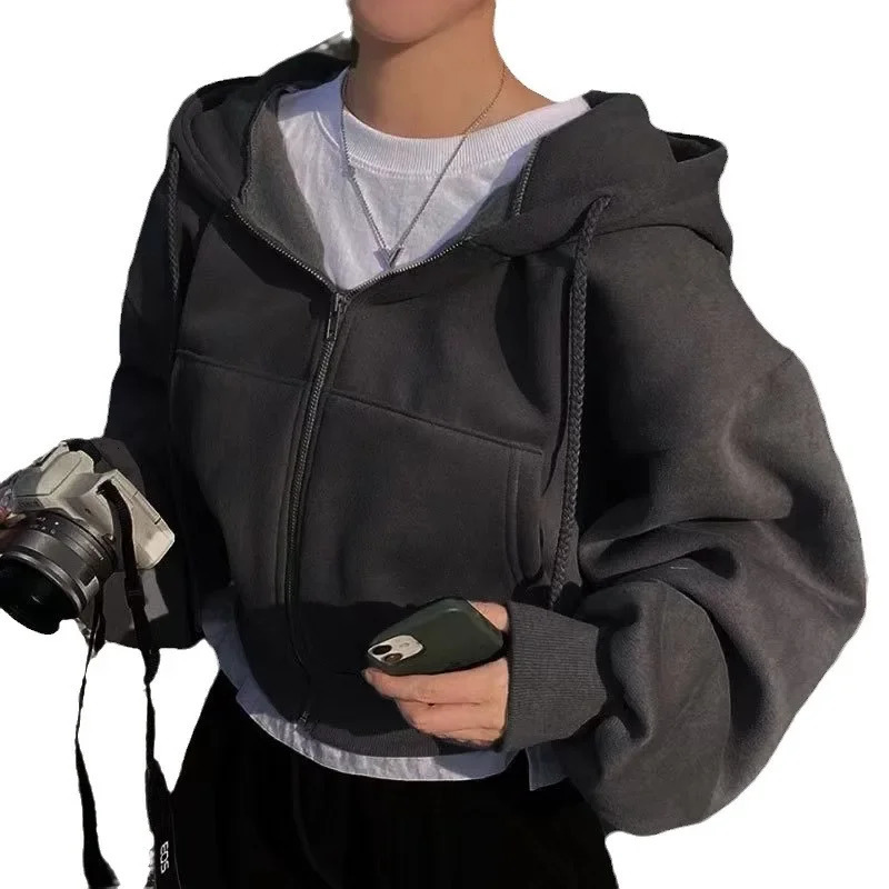 Casual Hood Sweatshirt Women Y2K Zip Up Hoodies Solid Harajuku Long Sleeve Shirt Crop Tops Female Loose Jackets Coat 241225
