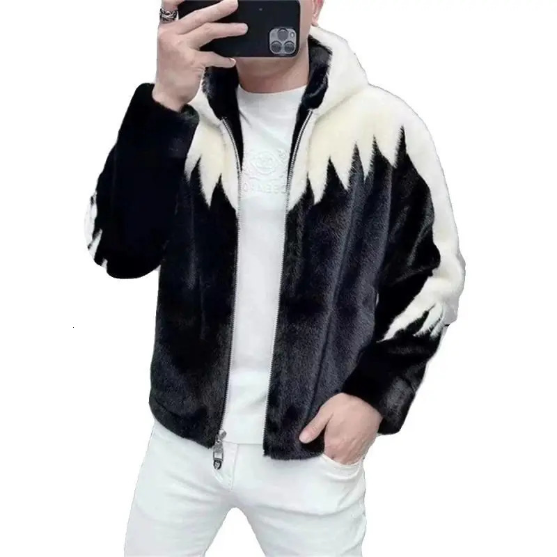 PFHQ Winter Mink Fur Hooded Mens Coat Onepiece Casual Jacket Warm 2024 Contrast Color Long Sleeve Male Tops 241225