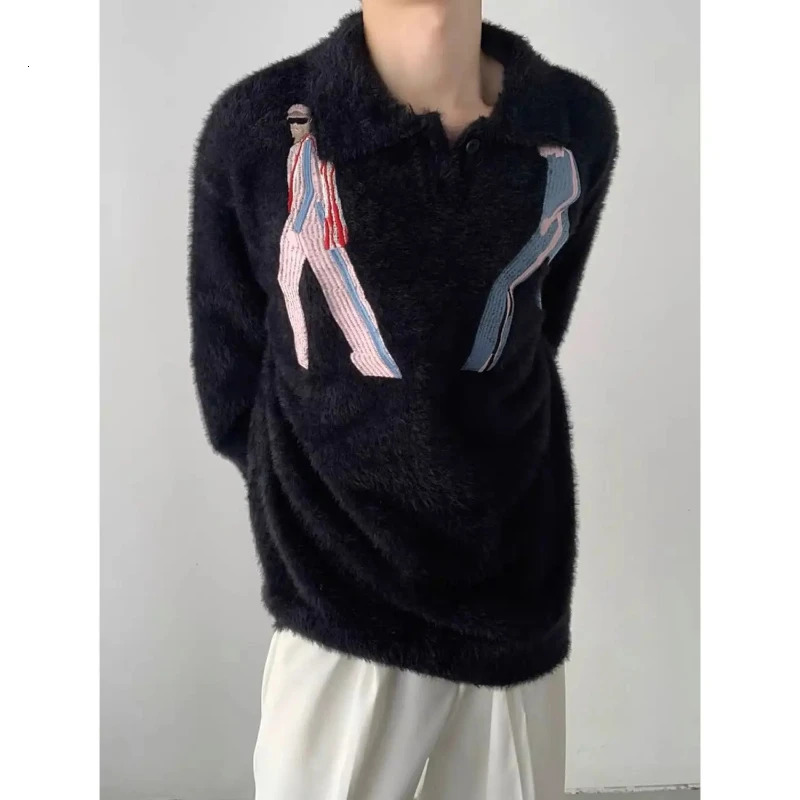 Lapel n jumper embroidered mink down sweater men winter comfortable loose y2k tight knit school style top 241225