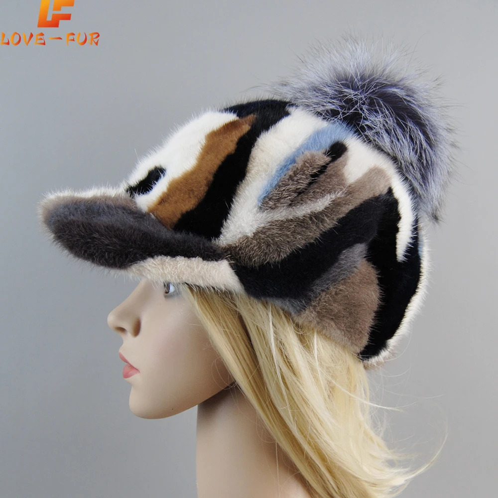 2024 Female Cute Fashion Winter Fox Fur Ball Hat Windproof Colorful Baseball Caps Real Mink Fur Hat Women Thick Warm Russian Cap 241225