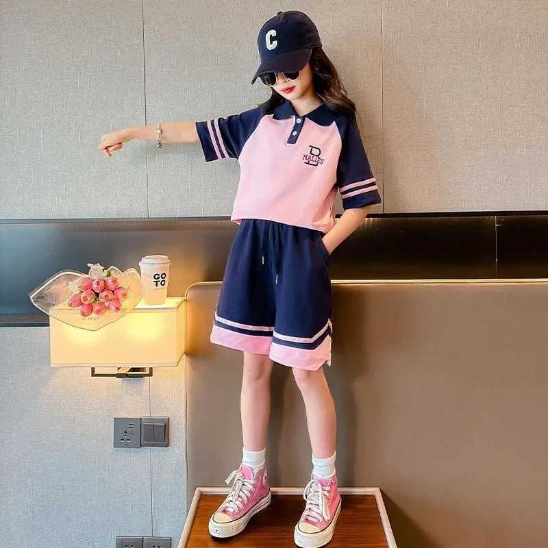 Clothing Sets Summer Teenage Girls Clothes Set Children Girl Lapel Letter Tshirts and Shorts 2pc Suit Kid Striped Top Bottom Outfits TracksuitY241225A