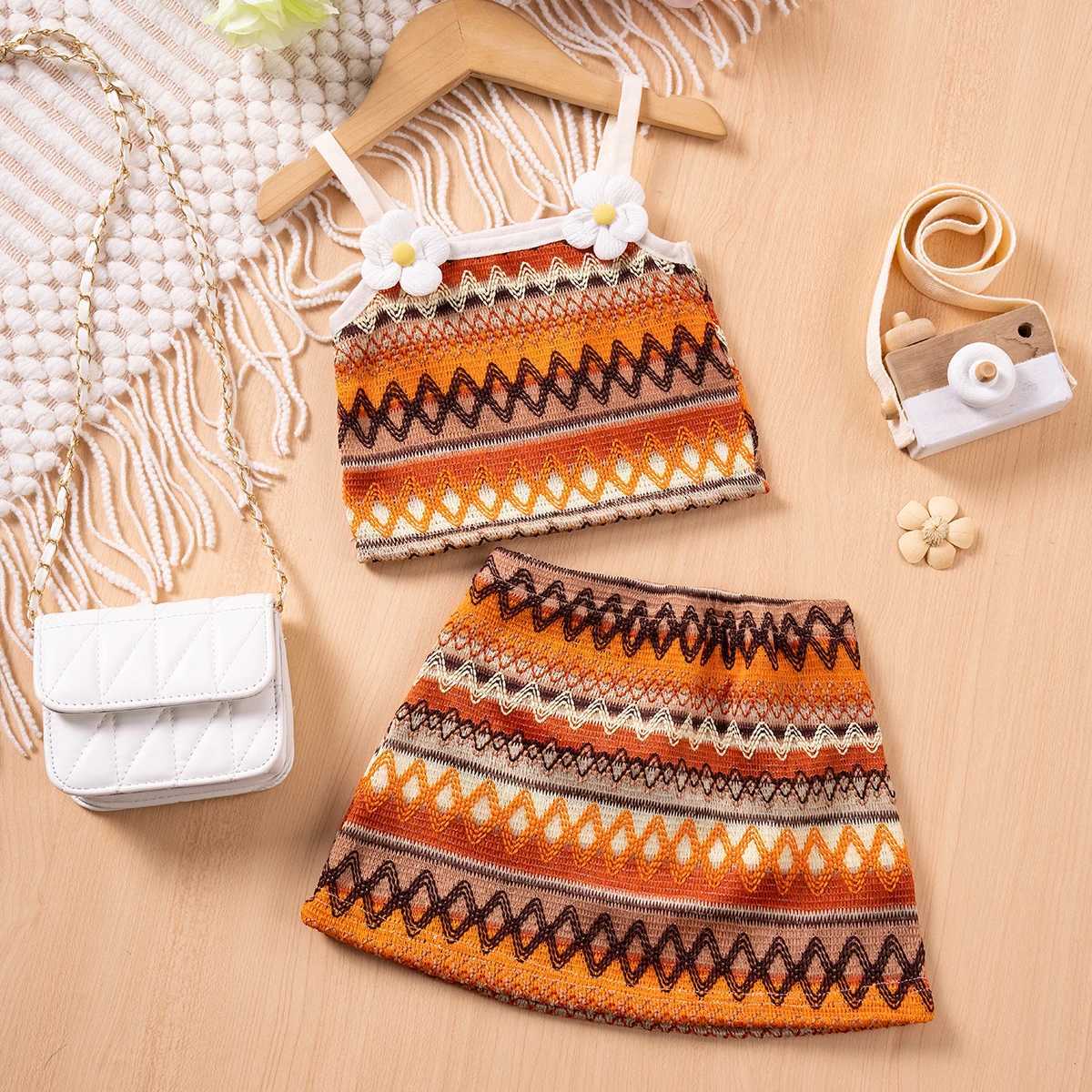 Clothing Sets Baby Girl Fashion Summer Set Knitted Floral Camisole Vest + Skirt 2pcs Colourful Wave Stripes for Toddler Daily WearY241225X3EG