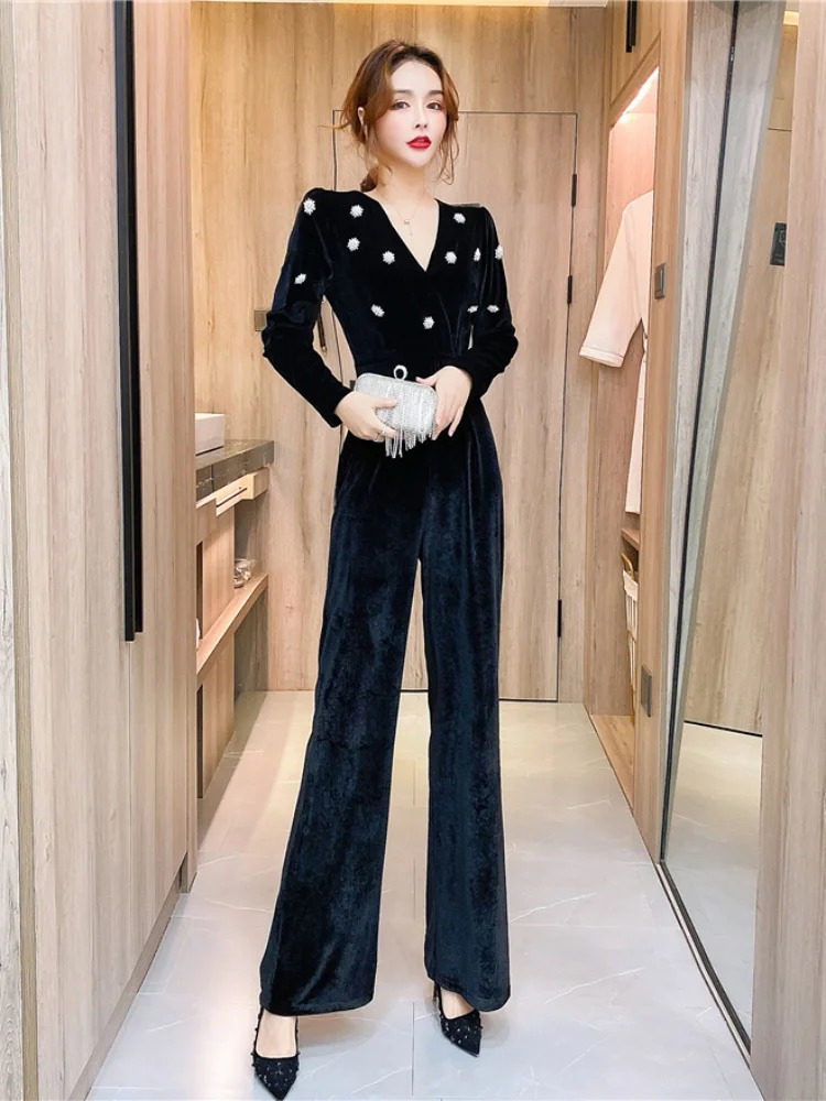 HMA Autumn Winter Button Decoration Velvet Jumpsuit Womens Slimming Waist Temperament Rompers 241224