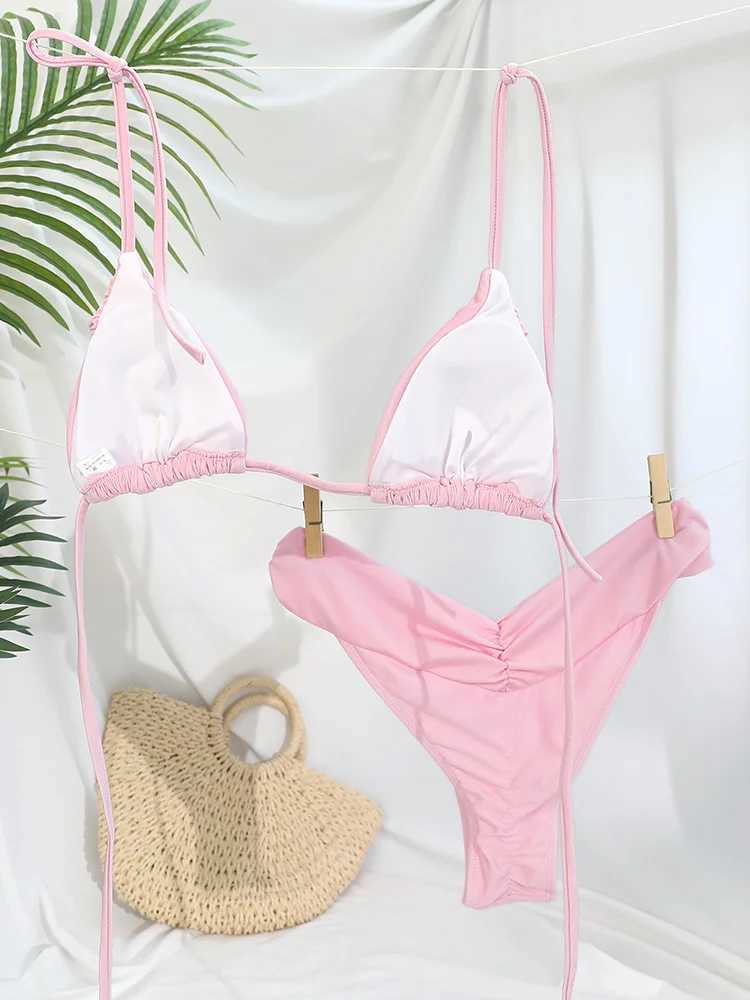 Wrinkled Brazilian Folding Bikini Set Sexy Micro Bikini 2023 Womens Swimsuit Womens Triangle Swimsuit Beach SwimsuitW241225