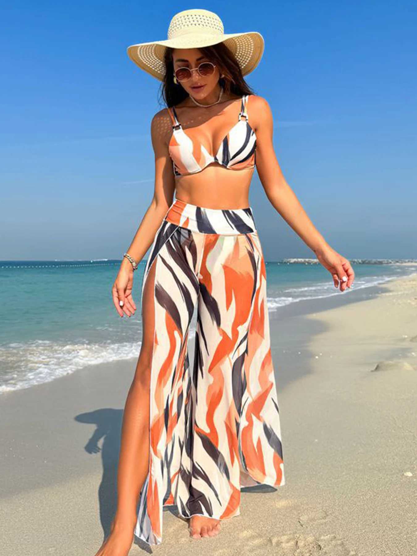 2024 new sexy three piece bikini swimsuit set suitable for womens swimsuits and high cut beach pants suitable for womens beach wearW241225