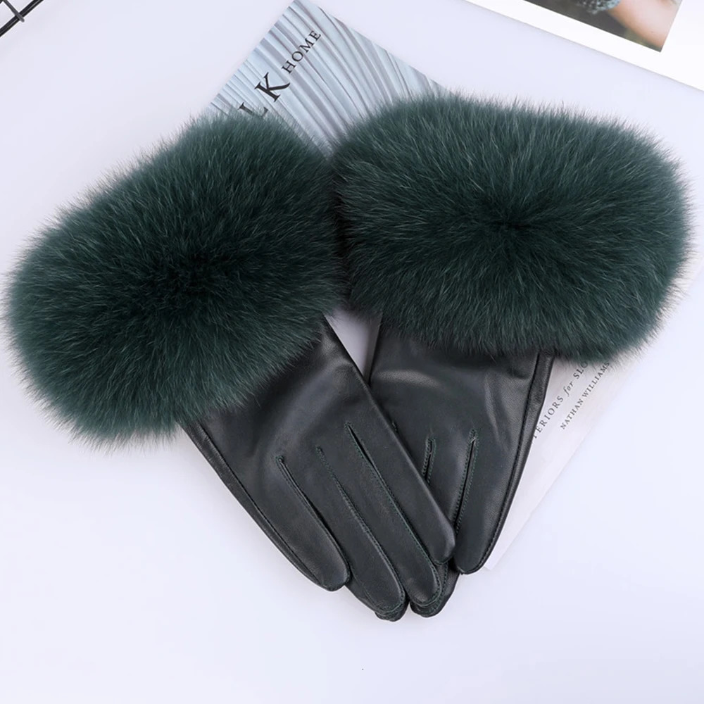 Sheepskin Natural Fox Fur Trimming Gloves Womens Genuine Leather Wrist Warmer Glove Winter Warm Fashion Mittens Fleece Lining 241225