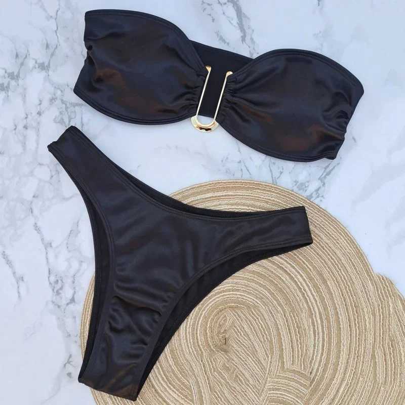 Sexy U-shaped Bandeau bikini set suitable for women strapless swimsuit black swimsuit high cut swimsuit bathtub bikini mujerW241225