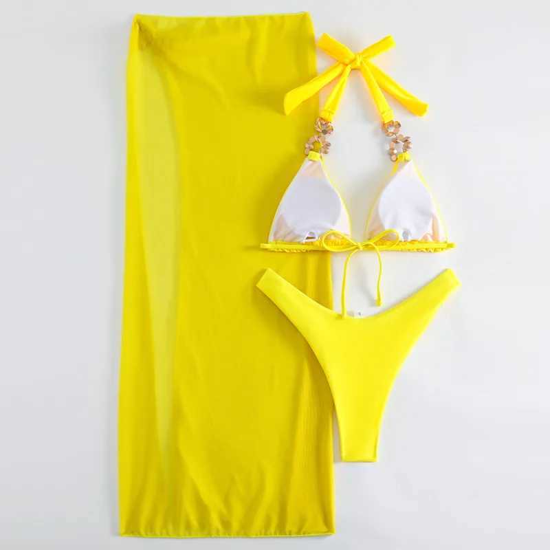 Yellow sexy rhinestone bikini 2025 womens swimsuit womens swimsuit Brazilian bikini set beachwearW241225