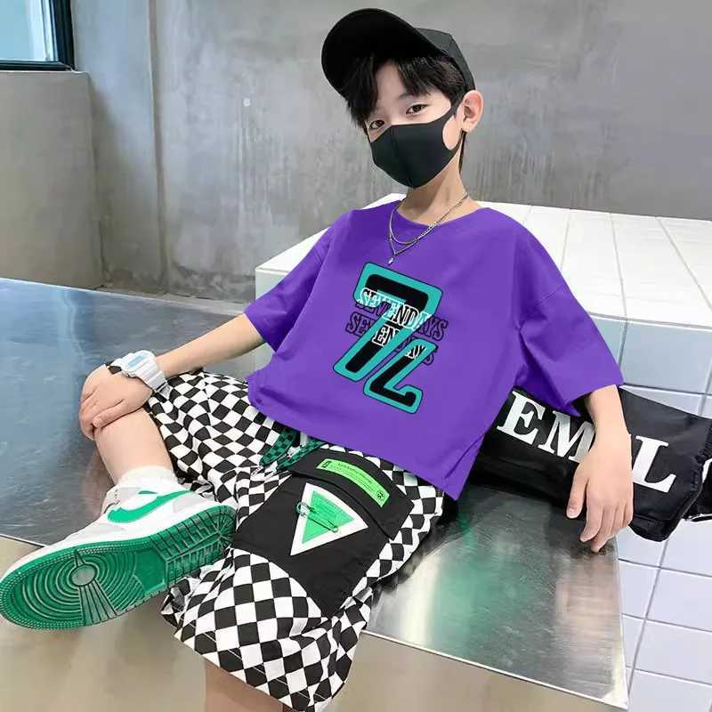 Clothing Sets Summer Children Boy Clothes Set Fashion Plaid Printed T-shirts and Shorts 2 Pieces Teenage Short Sleeve Top Bottom OutfitsY241225O40C