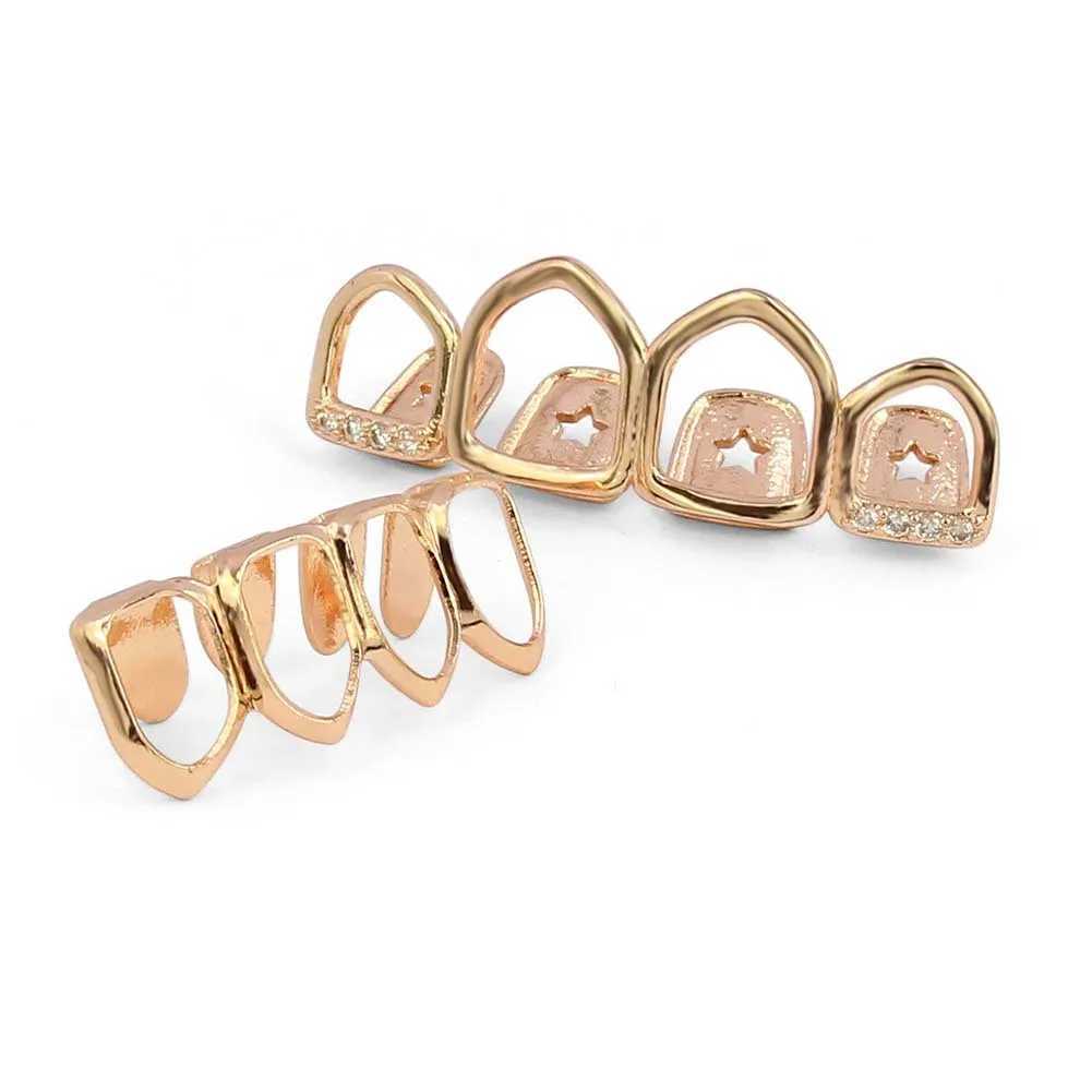 Fashion 4/4 Full Hollow CZ Teeth Grillz 14K Gold Plated Tooth Cs Decor Braces Fangs Dental Grills For Men Women JewelryXJ241225