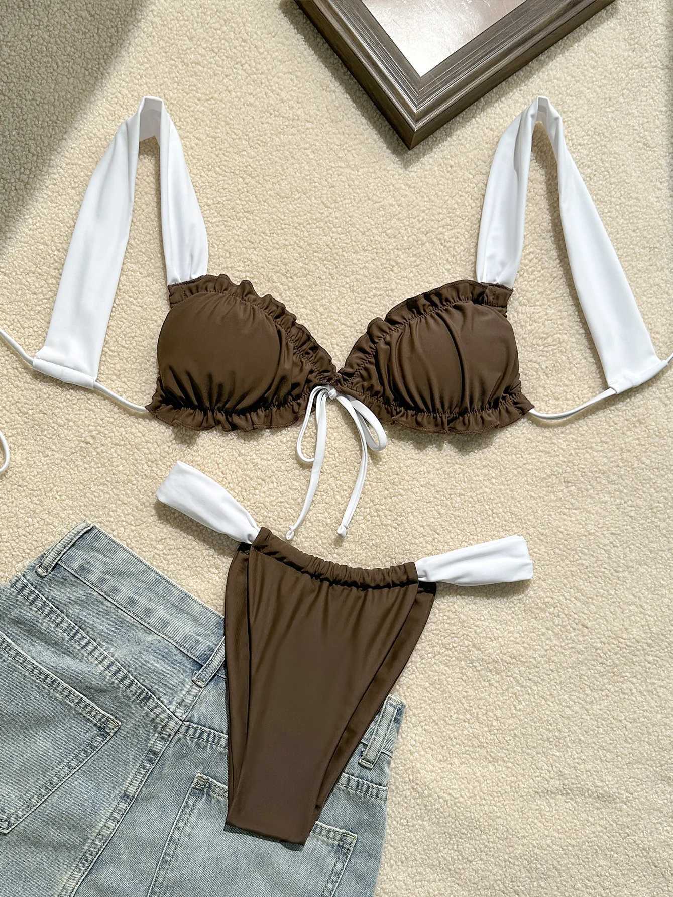Miyouj 2024 bikini solid color swimsuit new sexy swimsuit womens swimsuit high cut swimsuit ruffled Biquini Block color bikini setW241225
