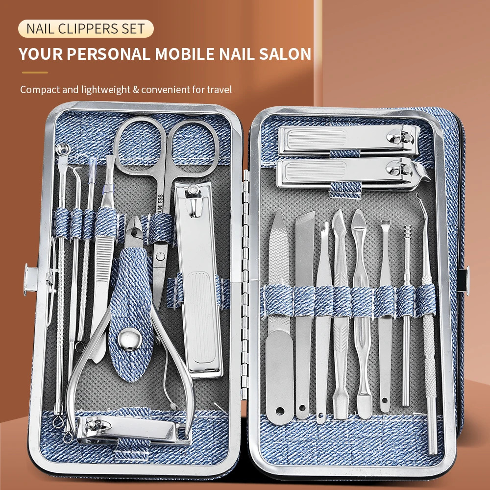 18pcs Professional Manicure Pedicure Kit with Nail Clippers Files Ear Spoon - Portable Grooming Set in Faux Leather Case fo 241225