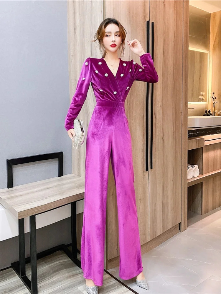 HMA Autumn Winter Button Decoration Velvet Jumpsuit Womens Slimming Waist Temperament Rompers 241224