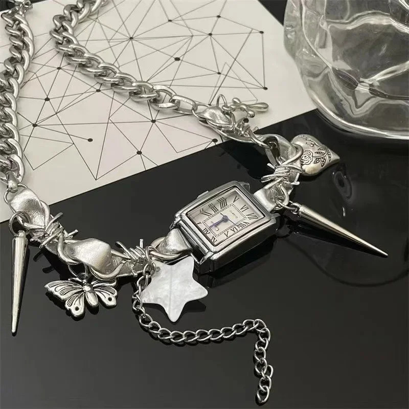 Y2K Cyberpunk Leather Watch Pendant Stainless Steel Necklace Butterfly Star Charm Necklace 241223