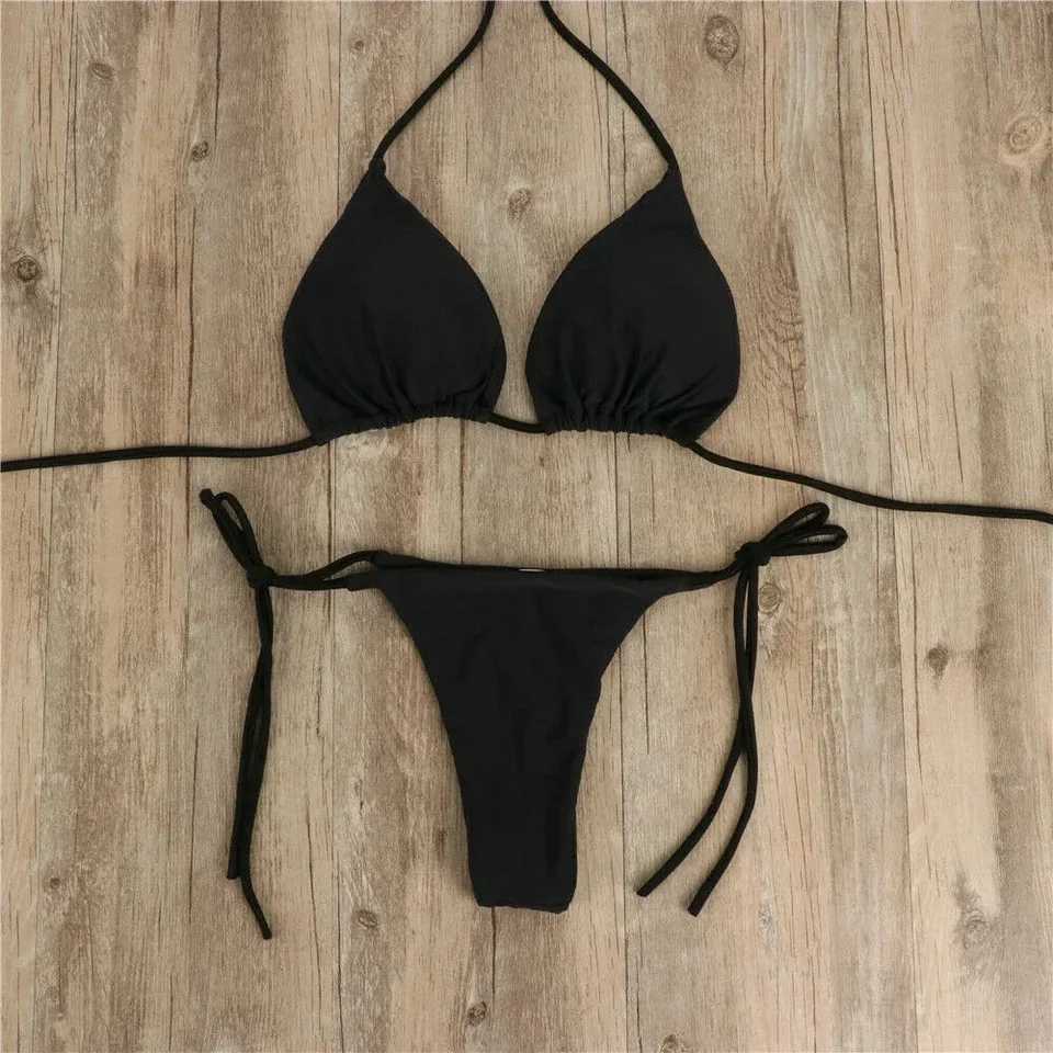 Womens bikini set sexy side tie thong swimsuit bandage fashionable Brazilian swimsuit ultra-thin bra simple sex underwear setW241225