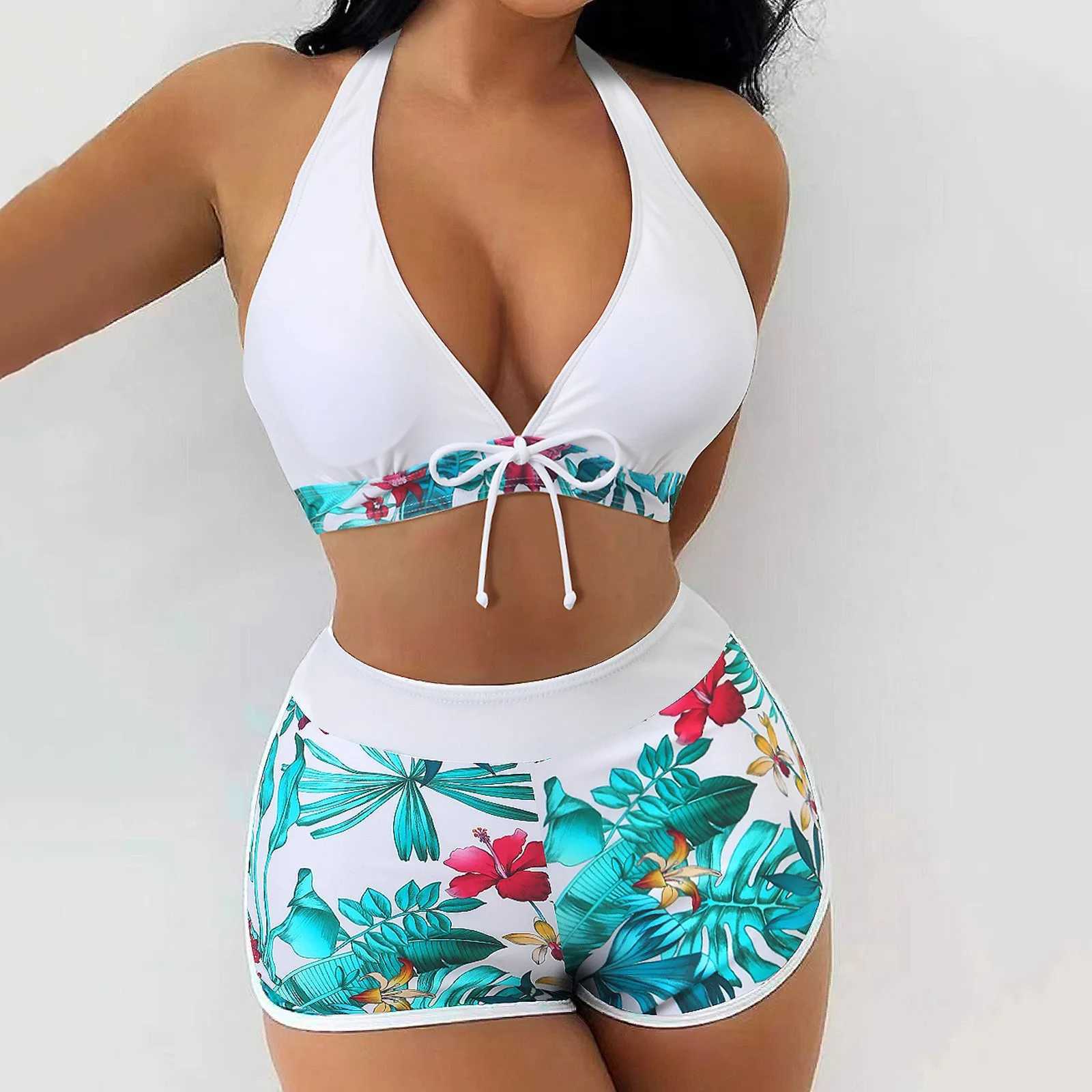 Teenage bikini set cheap womens swimsuit bikini tropical printed swimsuit womens swimsuit shorts two piecesW241225