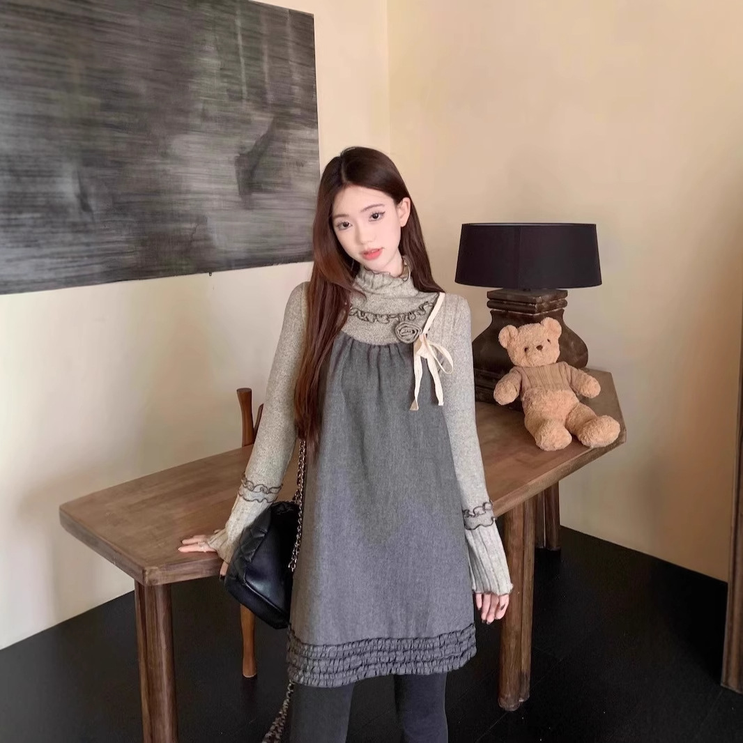 LO990v6 Sweet Girl Suit Gray Turtleneck Bottoming Shirt Women's Winter Suspender Dress Two-piece Suit