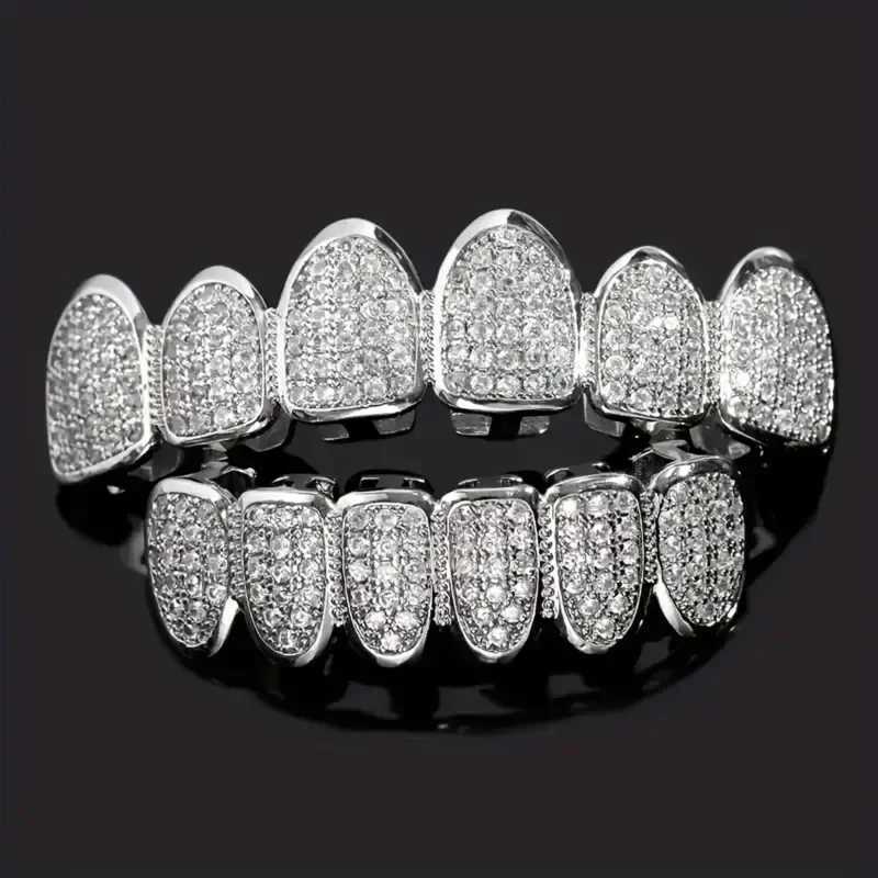 HipHop CZ Teeth Set For Unisex Blue Zircon Top Bottom Mouth Gold Silver Color Teeth Tooth C Removable Dental Fashion JewelryXJ241225