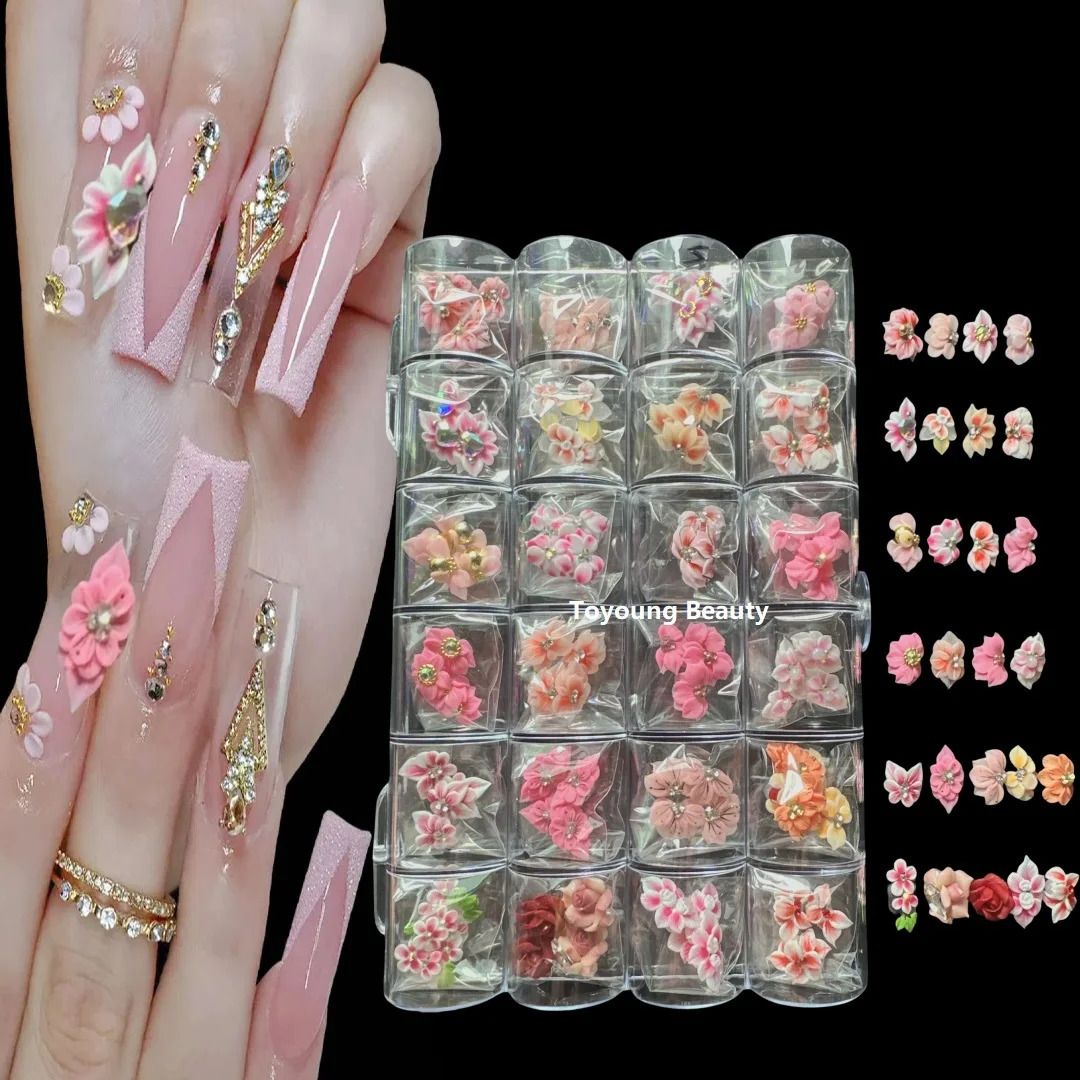 100PCS Nail Acrylic Flower 3D Pearl Bow Butterfy Jewelry Handmade Christmas Kawaii Nail Art Charms Customize Decoration Stickers 241225