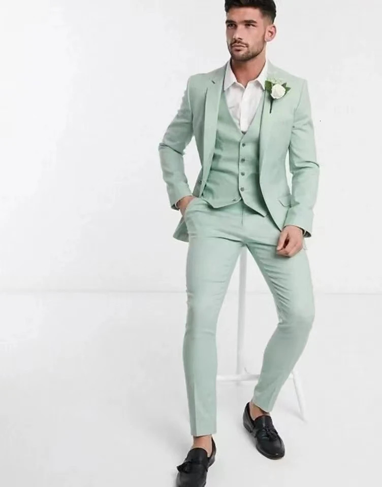 Light Green Men Suit Set Slim Fit Notch Lapel Groom Tuxedos Wedding Suits For Man Costume Homme Mariage 3PCSBlazerPantsVest 241225
