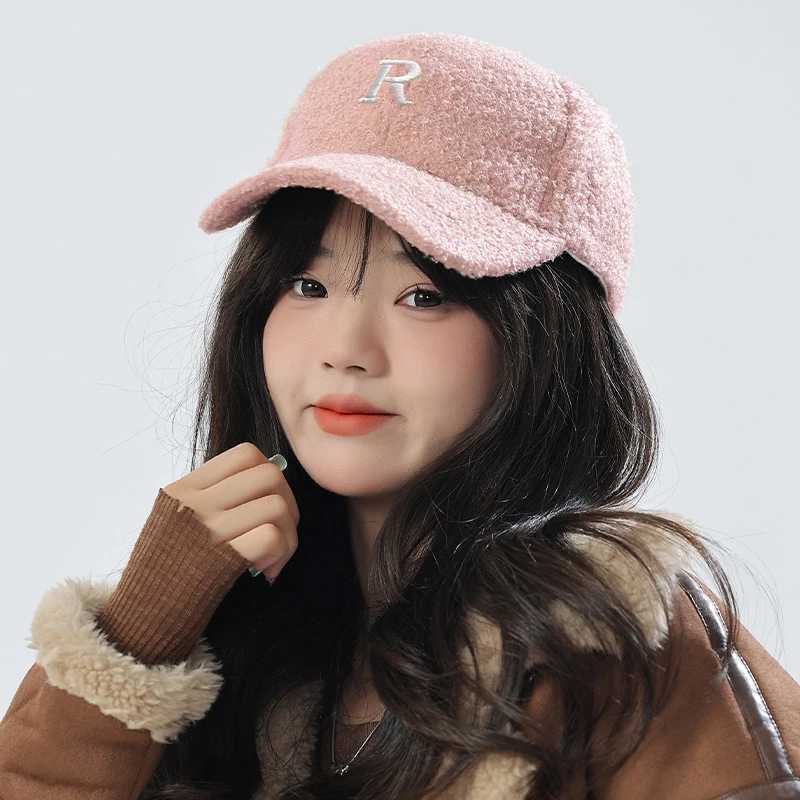 Plush baseball cap womens winter warm thick cashmere leather cap solid color adjustable womens duckbill cap W241225