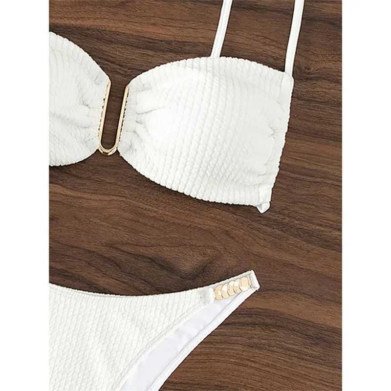 Sexy U-neck Bikini Set for Womens Pure White Black Push Up Folded Micro Swimsuit 2024 Brazilian Tailored Swimsuit thong SwimsuitW241225