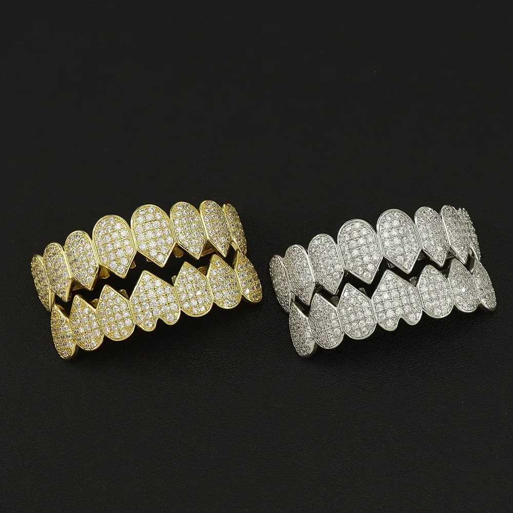 Hip Hop CZ Teeth Grillz Set For Unisex Top Bottom Mouth Gold Silver Color Teeth Grills Tooth Removable Fashion JewelryXJ241225