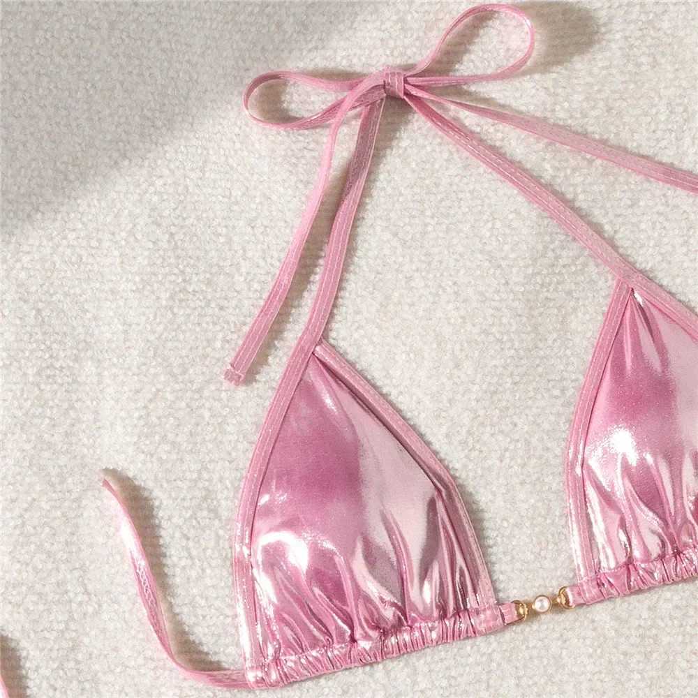 Sexy pink shiny swimsuit suspender mini thong bikini set flawless triangle swimsuit womens 2024 bead mini swimsuitW241225
