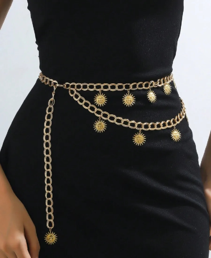 Retro Womens Belt Fiery Sun Metal Chain Waist Chain Versatile Ethnic Style Summer Fashion Body Chain Charm Jewelry 241225