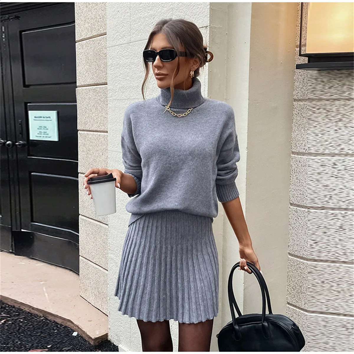 Sweater Skirt Sets For Women 2 Pieces Knit Casual Versatile Long Sleeve Pullover Elegant Solid High Waist Mini Outfit 241220