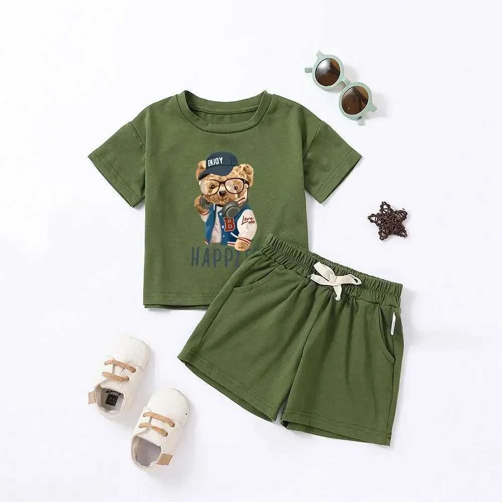 Clothing Sets Summer Childrens Printed Short Sleeve Set 0-6T Boys and Girls Cartoon Bear Pattern Sports and Leisure Two Piece SetY241225UEJ8