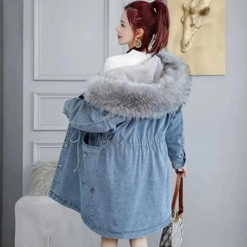 Womens Jeans Coat Winter Denim Coats Thick Wool Denim Jacket Korea Loose Hooded Fur Collar Long Clothes Outerwear Female 241220