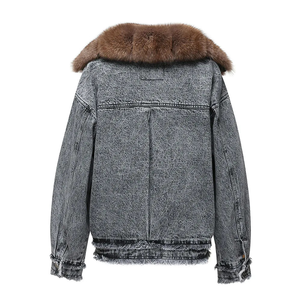 Women Real Fur Jean Coats Fashion Lady Clothes Fox Fur Collar Denim Jackets Streetwear Female Overcoat S3606 241220