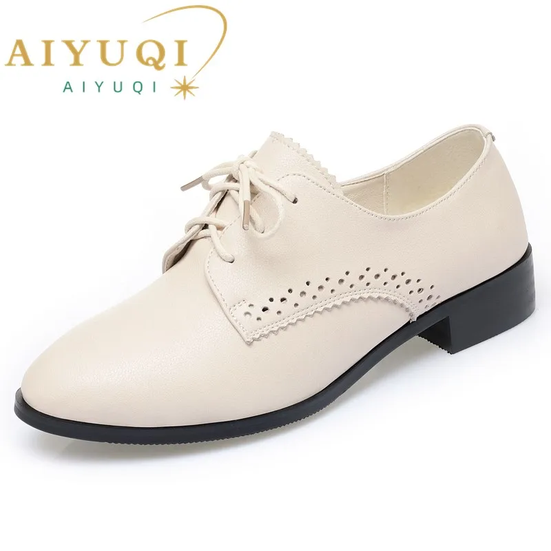 AIYUQI Women Autumn Shoes Genuine Leather Mid Heel British Style Women Loafers Large Size Lace-up Women Shoes