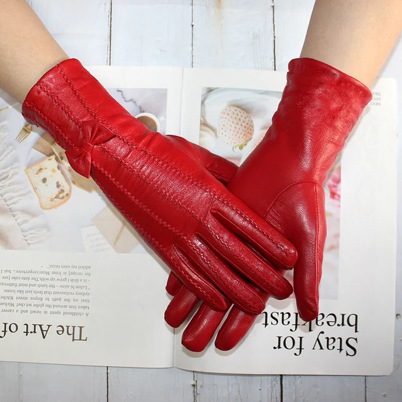 Leather Sheepskin Gloves Womens Mid-Length Stripes Plus Velvet Warm Autumn and Winter Windproof 241225