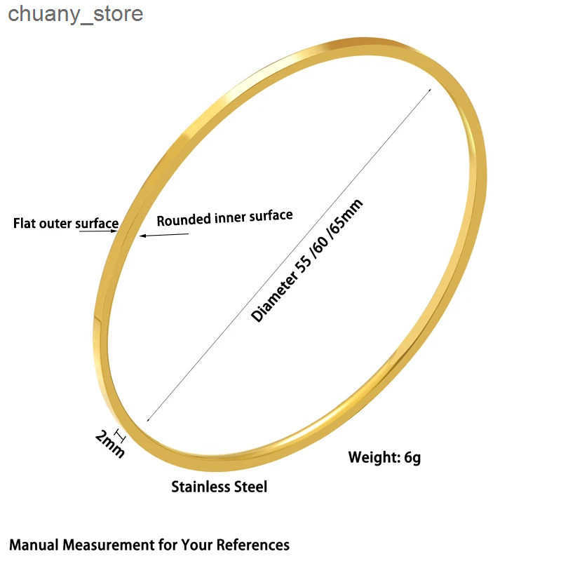 Chain 2mm Stainless Steel Thin Bangle Women Simple Stackable Circle Jewelry Rose Gold Silver Color 55/ 60/ 65mm Flat Surface L240910