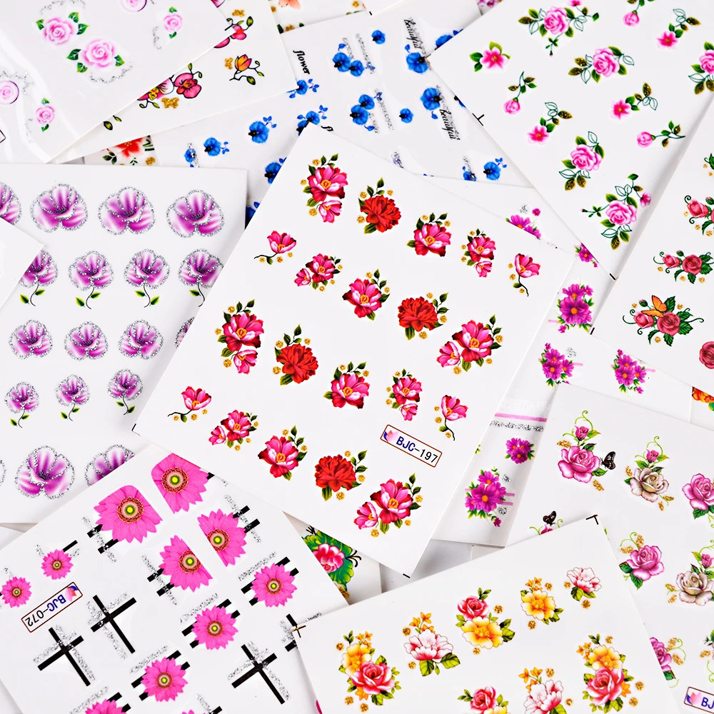 55pcs Latest Nail Art Glitter Tips Flower ns with Gold Powder Nail Art Sticker Decals Watermark DIY Manicure TRBJC55 241225