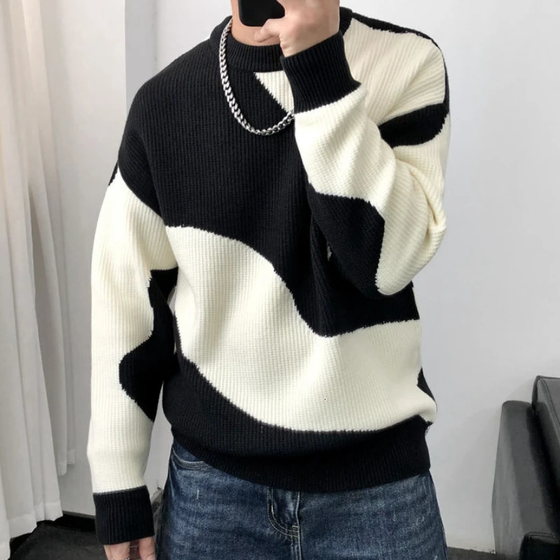 Man Clothes Round Collar Pullovers Knitted Sweaters for Men Crewneck Color Matching Black Cigaret Casual Korean Style Jumpers S 241224