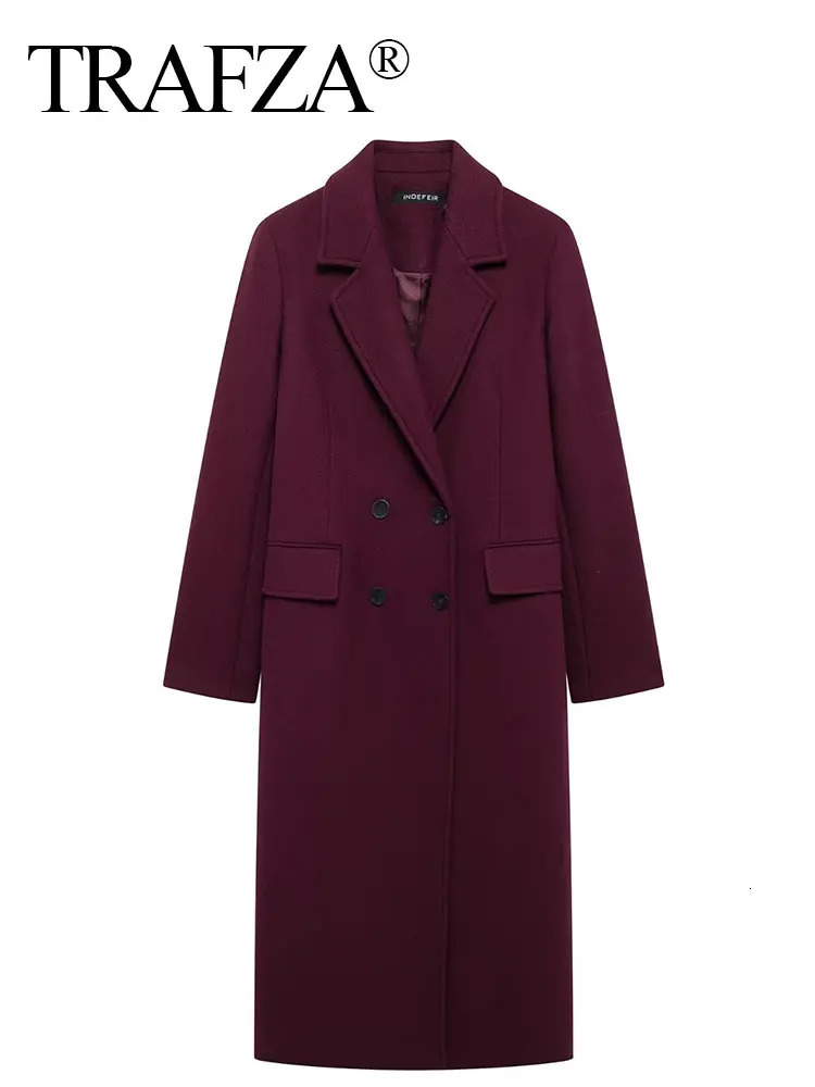 TRAFZA Women Elegant Burgundy Woolen Coat Double Breasted Turn Down Collar Windbreaker Jacket Fashion Lady High Street Outerwear 241225