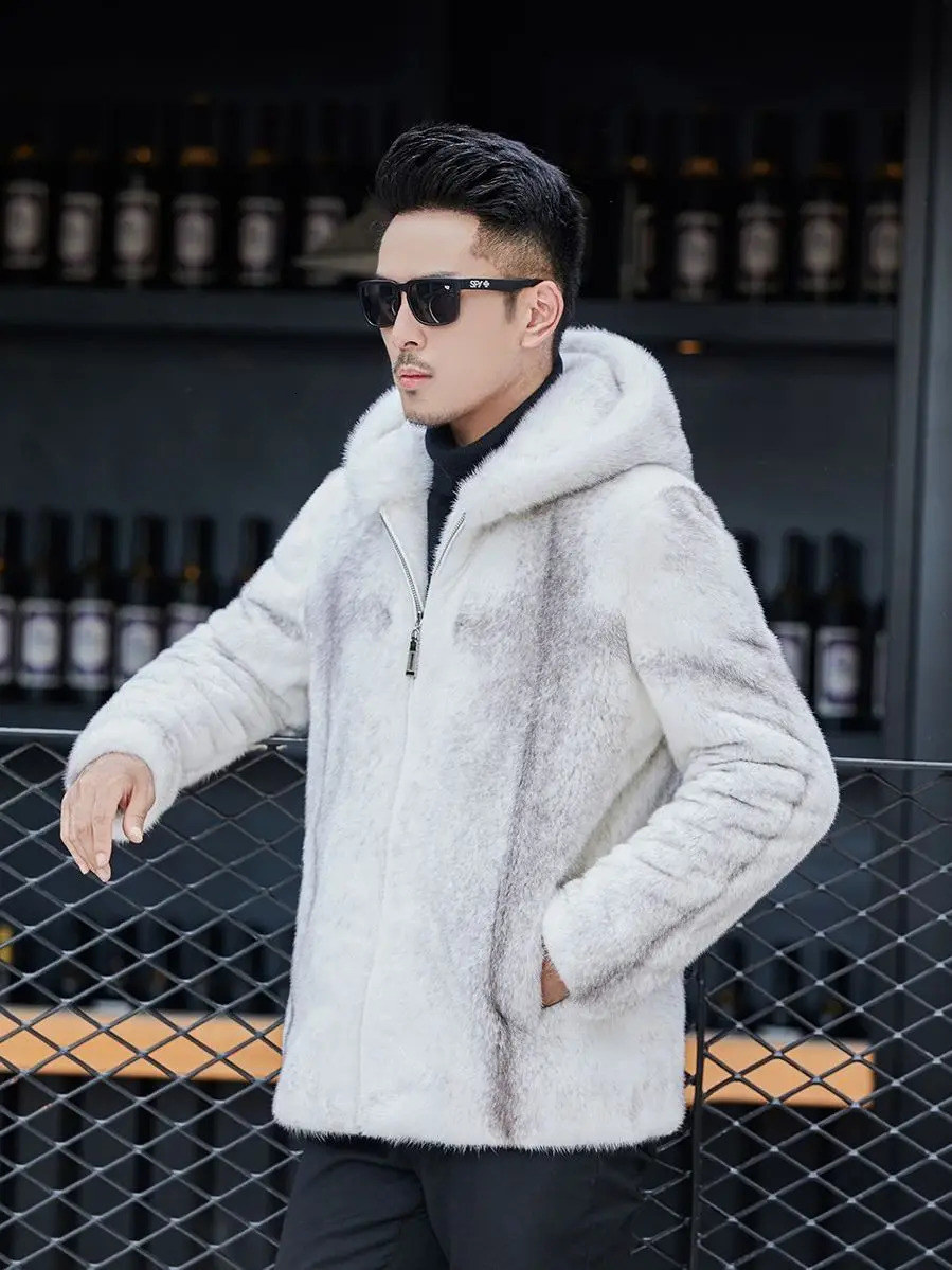 Mink coat mens trend whole mink real fur cross hooded onepiece 241225