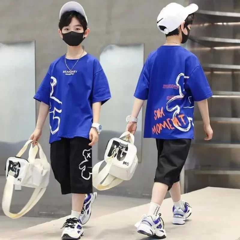 Clothing Sets Summer Children Boy Clothes Set Kid Cartoon Bear Letter Printed Tshirts and Shorts 2pc Suit Fashion Top Bottom Outfits TracksuitY241225M