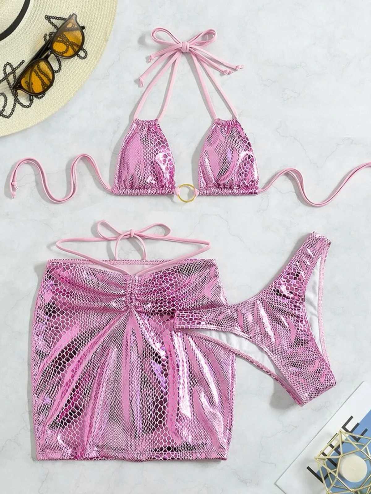 Sexy and shiny snake skin bikini womens swimsuit womens swimsuit three piece bikini set bathroom swimsuit K4237W241225